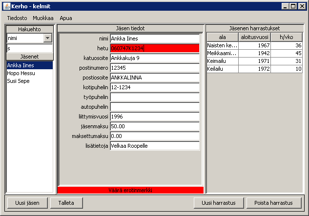 Kuva virheilmoituksesta kun hetu on syötetty väärin